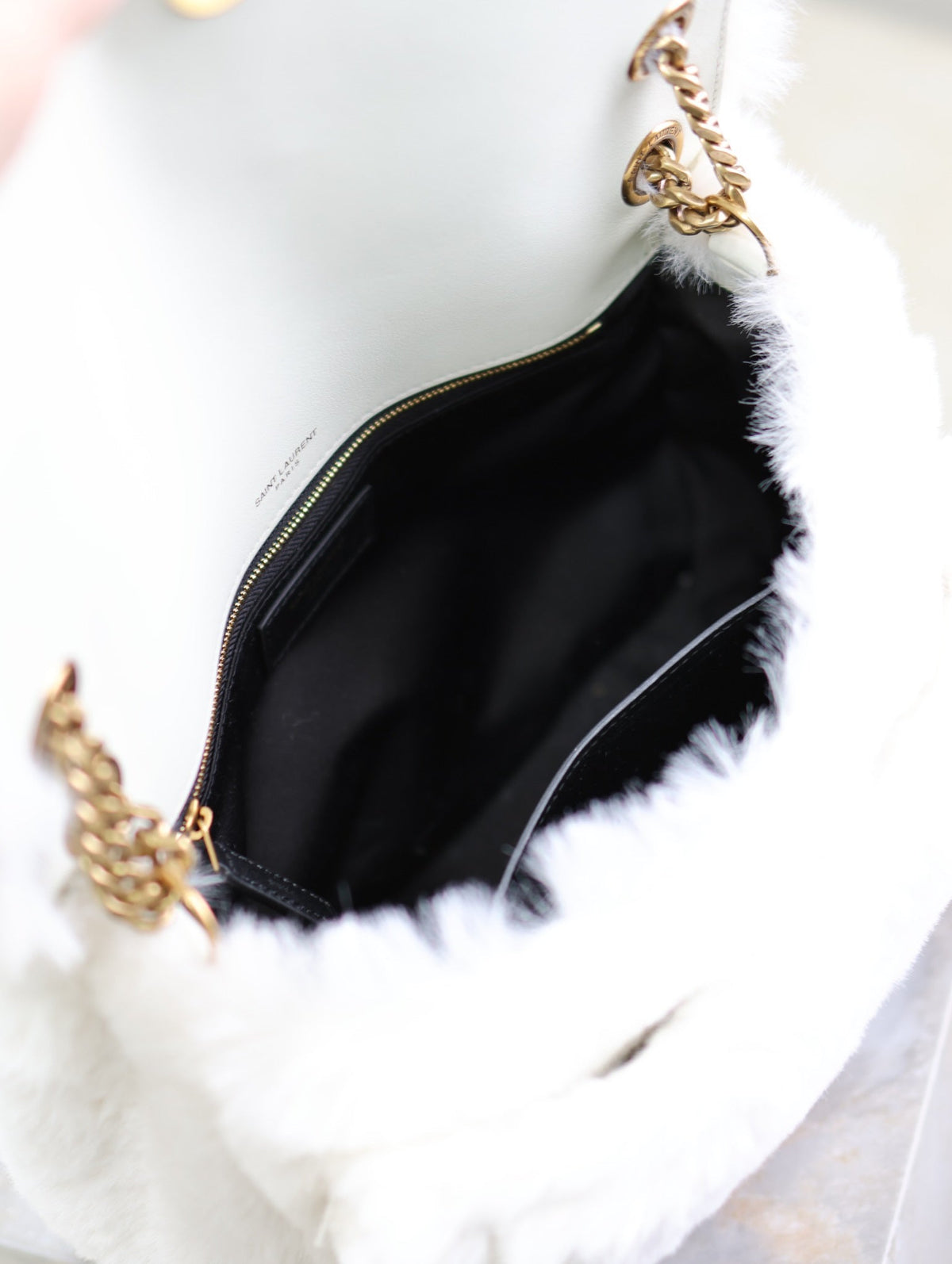 Saint Laurent Niki Medium 28 in White Rabbit Fur Gold Hardware Bag