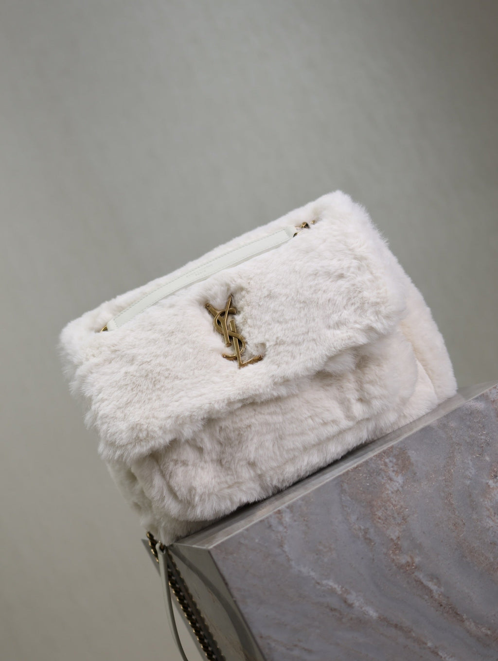 Saint Laurent Niki Medium 28 in White Rabbit Fur Gold Hardware Bag