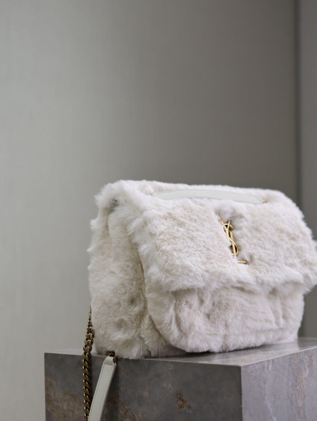Saint Laurent Niki Medium 28 in White Rabbit Fur Gold Hardware Bag