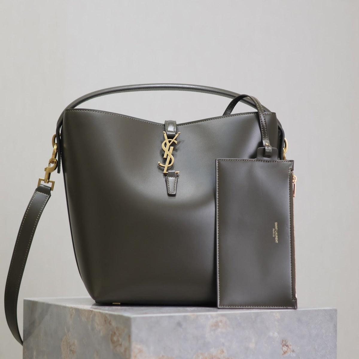 Saint Laurent 25S Le 5 À 7 Bucket 26 in Dark Olive Calfskin Gold Hardwre