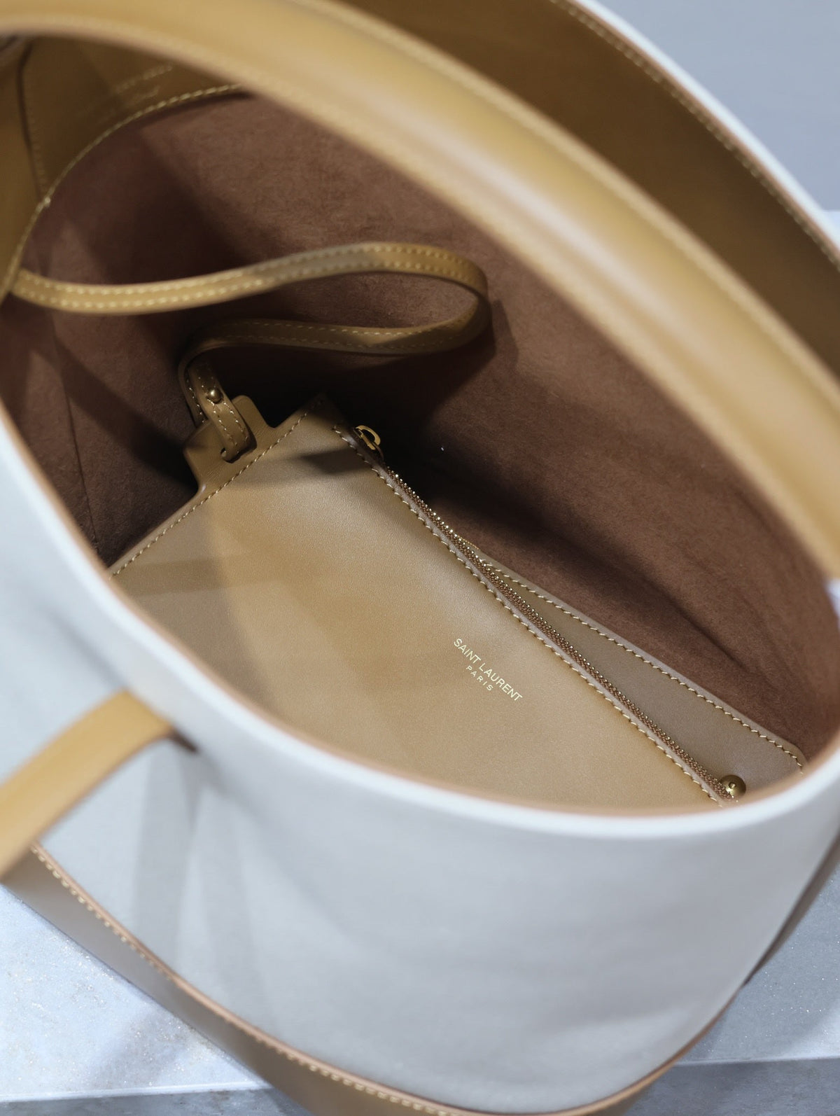 Saint Laurent 25S Le 5 À 7 Bucket 26 in Cream Brown Calfskin and Canvas Gold Hardwre