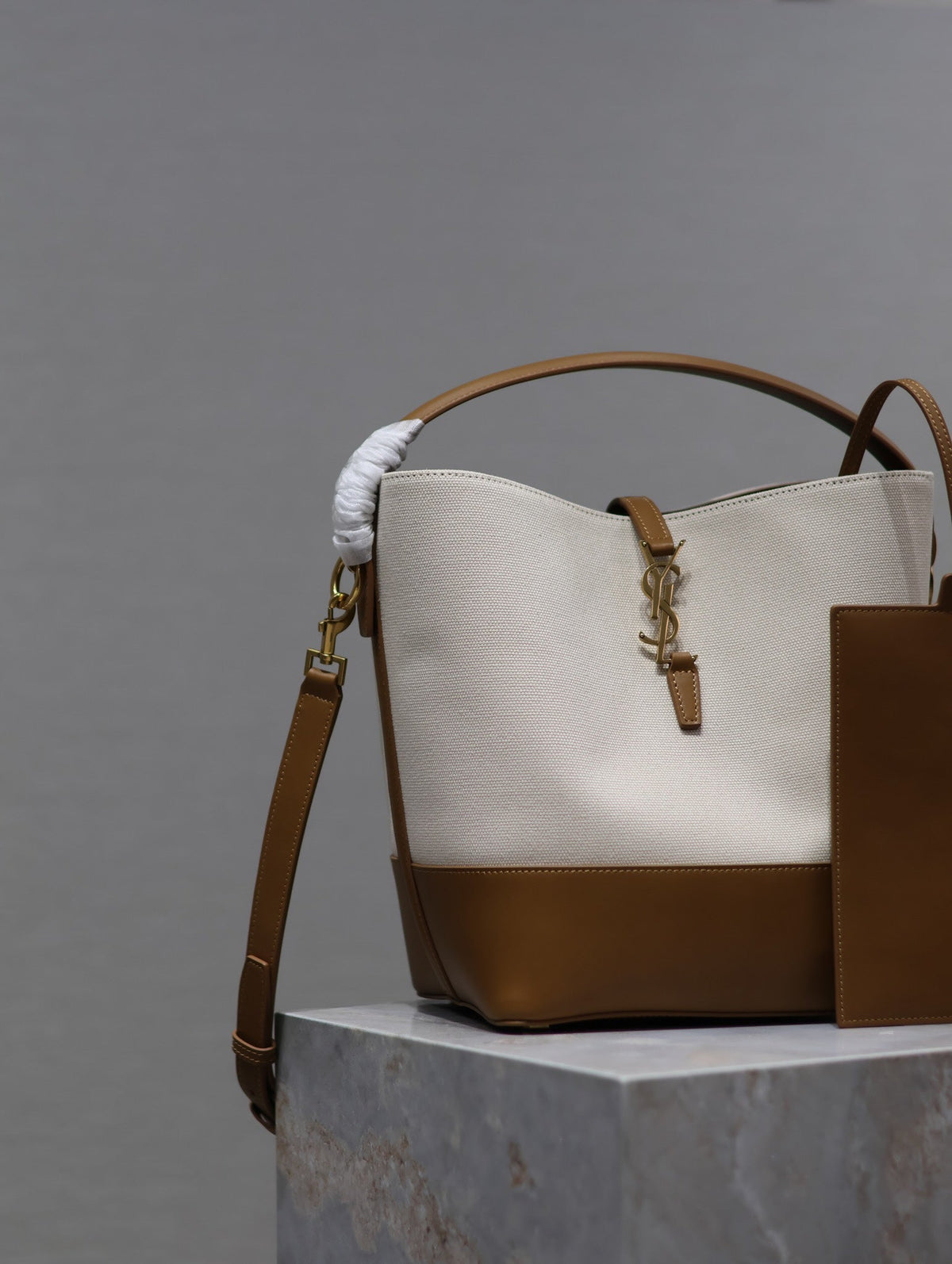 Saint Laurent 25S Le 5 À 7 Bucket 26 in Cream Brown Calfskin and Canvas Gold Hardwre