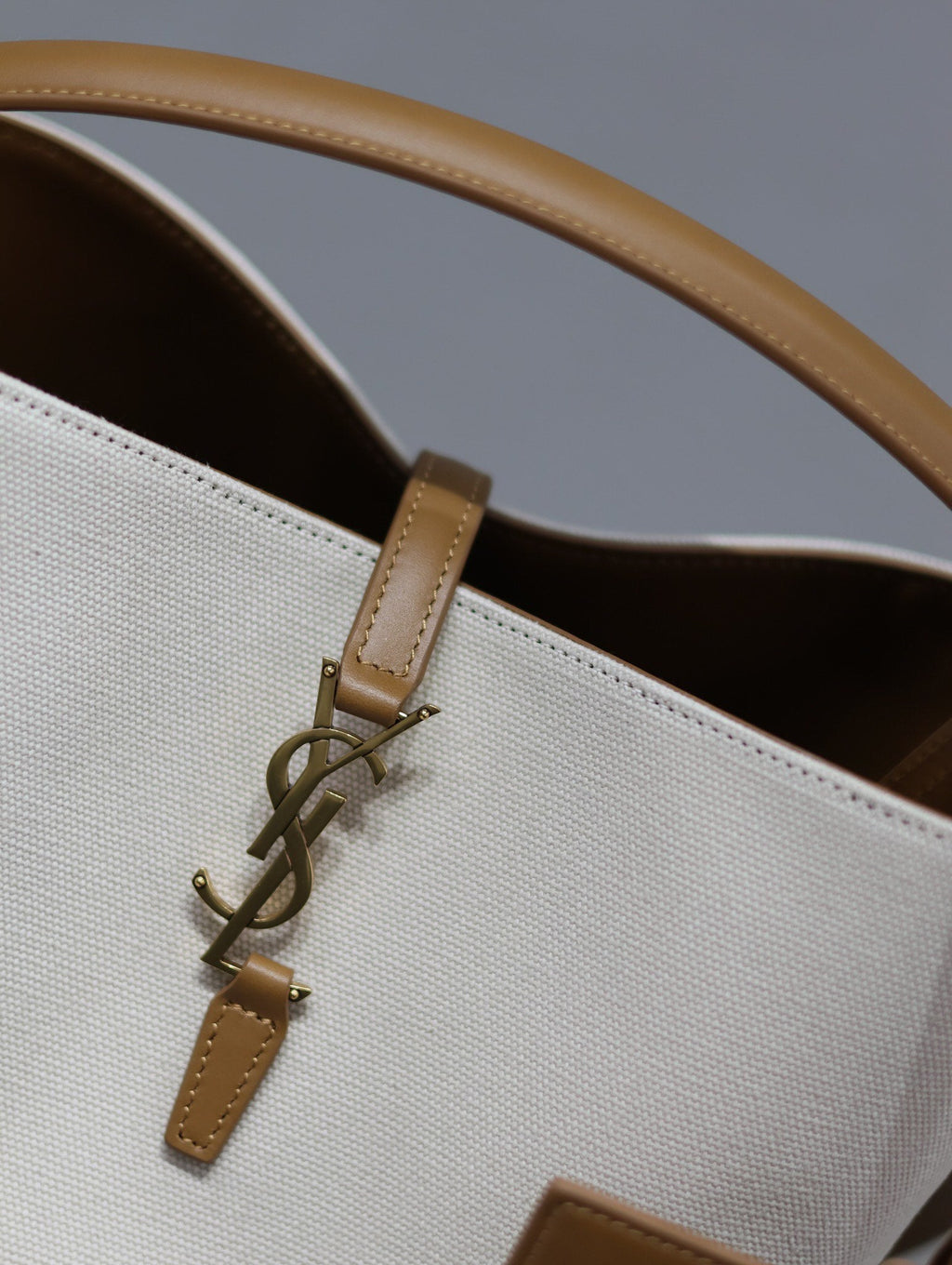 Saint Laurent 25S Le 5 À 7 Bucket 26 in Cream Brown Calfskin and Canvas Gold Hardwre