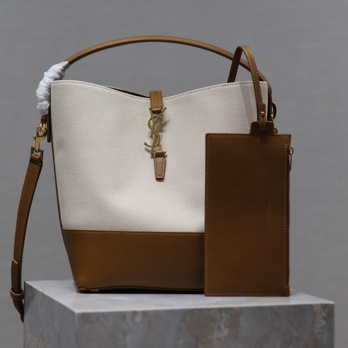 Saint Laurent 25S Le 5 À 7 Bucket 26 in Cream Brown Calfskin and Canvas Gold Hardwre