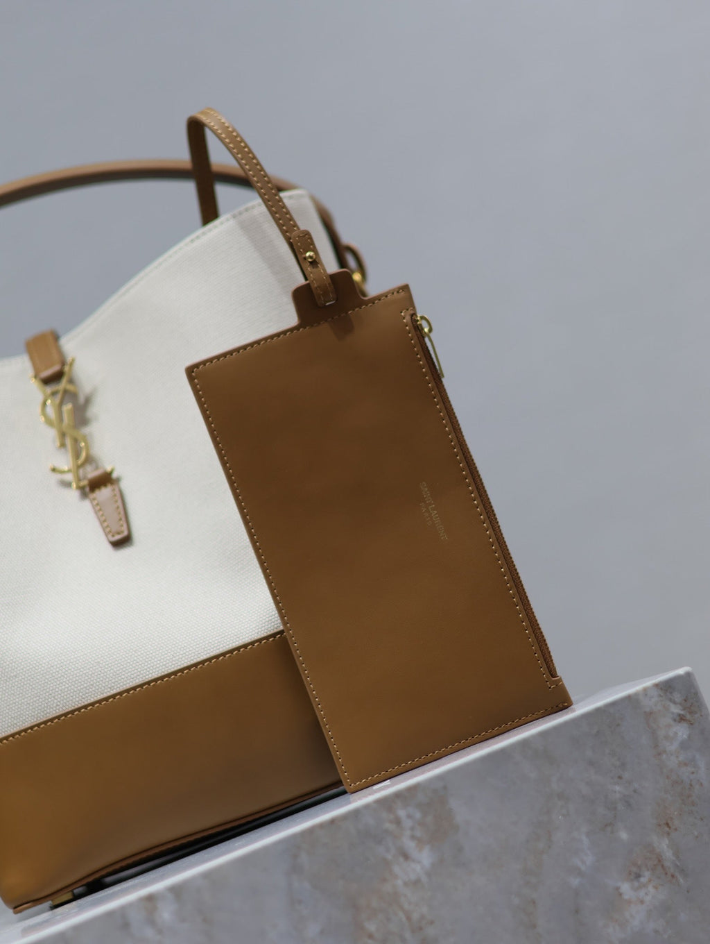 Saint Laurent 25S Le 5 À 7 Bucket 26 in Cream Brown Calfskin and Canvas Gold Hardwre