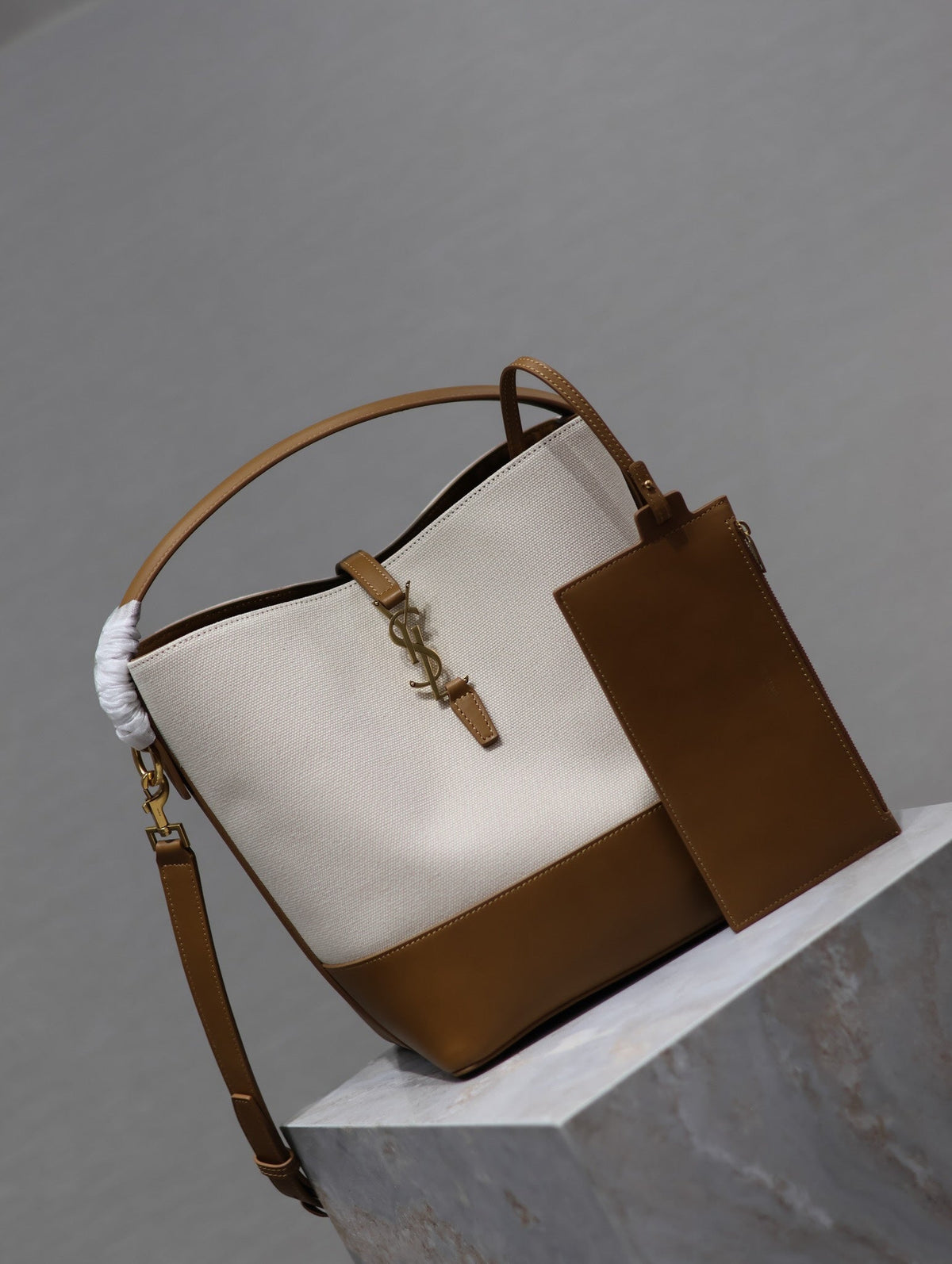 Saint Laurent 25S Le 5 À 7 Bucket 26 in Cream Brown Calfskin and Canvas Gold Hardwre