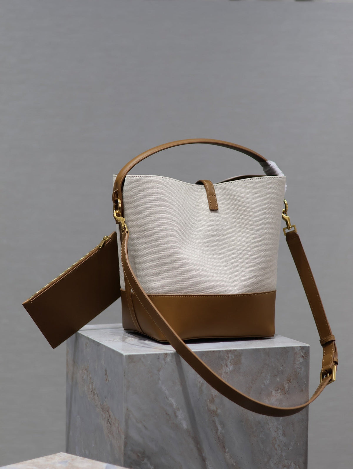 Saint Laurent 25S Le 5 À 7 Bucket 26 in Cream Brown Calfskin and Canvas Gold Hardwre