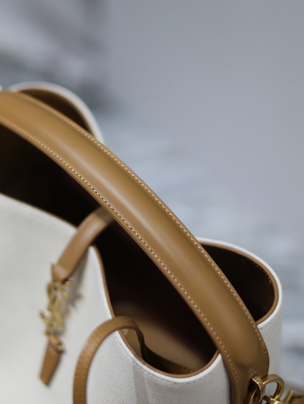 Saint Laurent 25S Le 5 À 7 Bucket 26 in Cream Brown Calfskin and Canvas Gold Hardwre