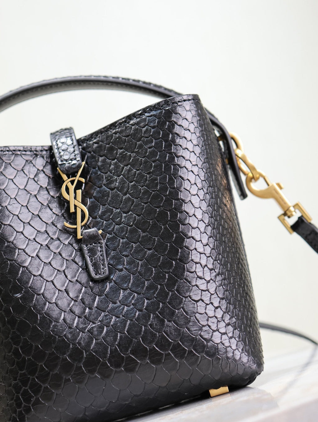 Saint Laurent 25S Le 37 Bucket 15 in Black Snake Embossed Calfskin Gold Hardwre