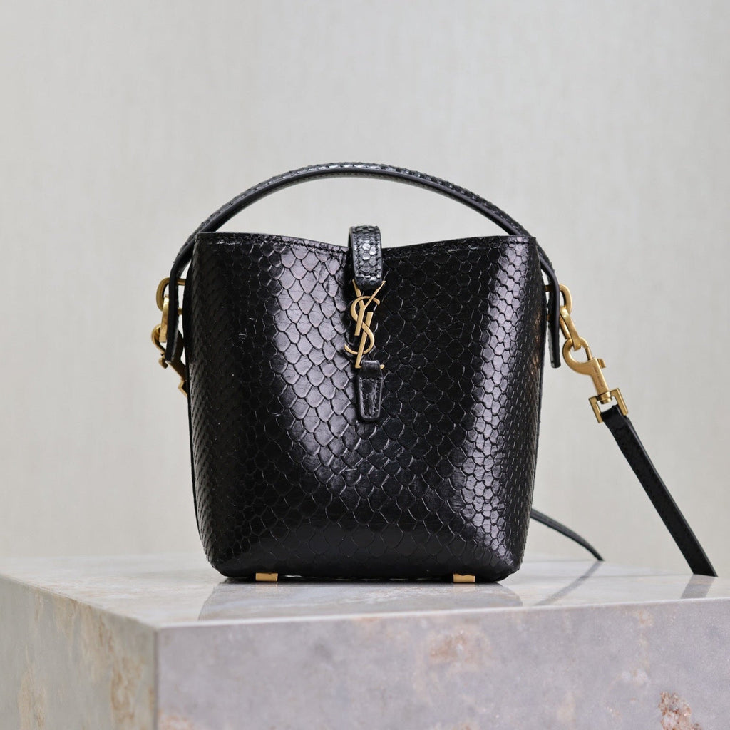 Saint Laurent 25S Le 37 Bucket 15 in Black Snake Embossed Calfskin Gold Hardware