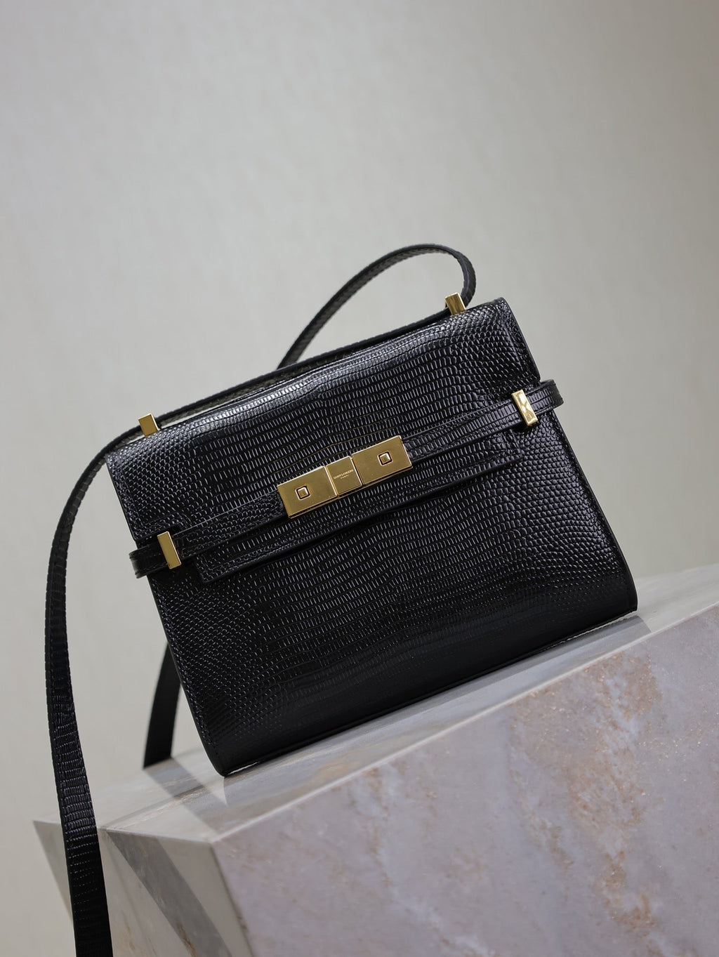 Saint Laurent 25S Mini Manhattan 19 in Black Shiny Crocodile Calfskin Gold Hardwre Bag