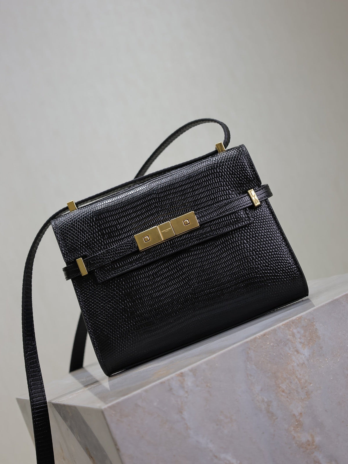 Saint Laurent 25S Mini Manhattan 19 in Black Shiny Crocodile Calfskin Gold Hardwre Bag