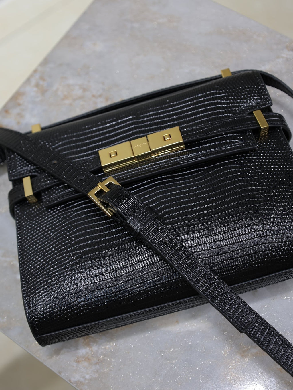 Saint Laurent 25S Mini Manhattan 19 in Black Shiny Crocodile Calfskin Gold Hardwre Bag