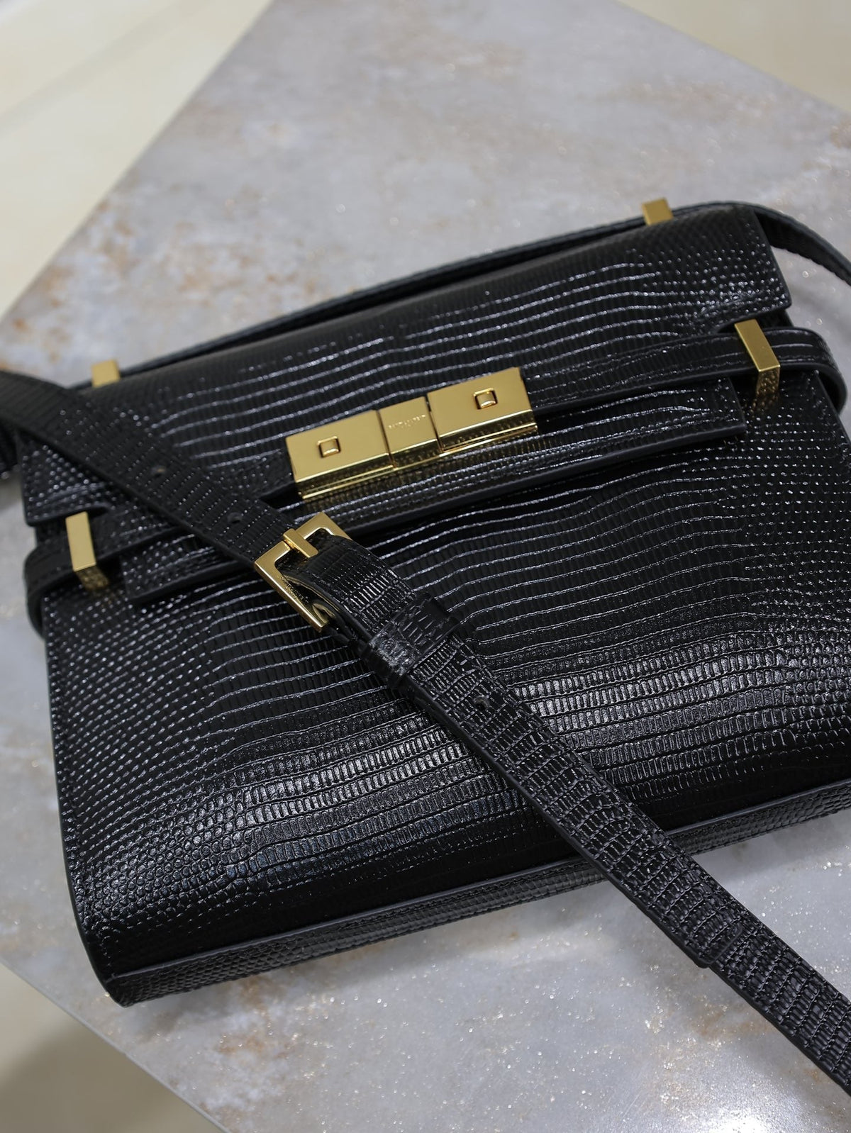 Saint Laurent 25S Mini Manhattan 19 in Black Shiny Crocodile Calfskin Gold Hardwre Bag