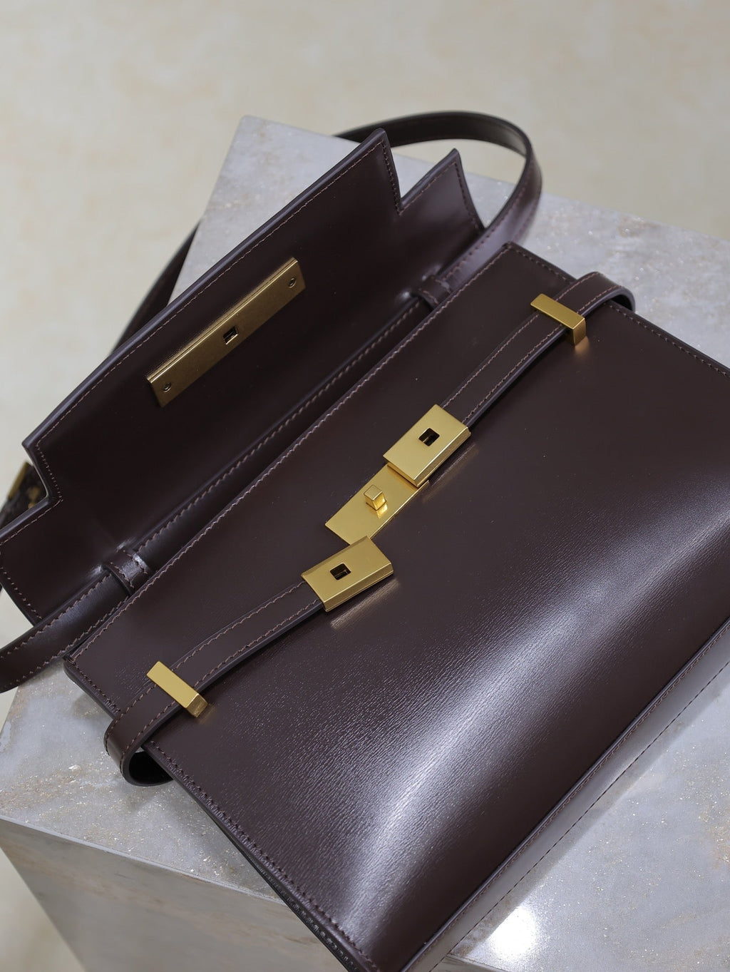 Saint Laurent 25S Manhattan Small 24 in Rouge Cabernet Calfskin Gold Hardwre Bag