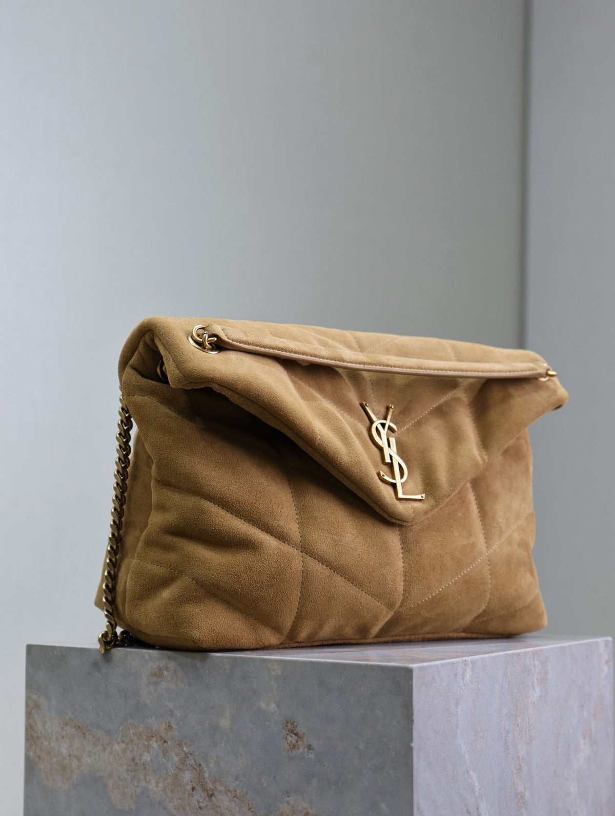 Saint Laurent 25S Loulou Puffer GM 35 in Tan Brown Suede Gold Hardwre Bag