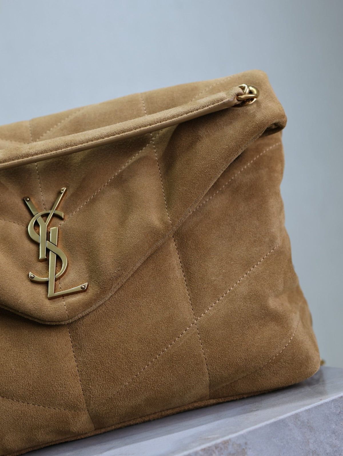 Saint Laurent 25S Loulou Puffer GM 35 in Tan Brown Suede Gold Hardwre Bag