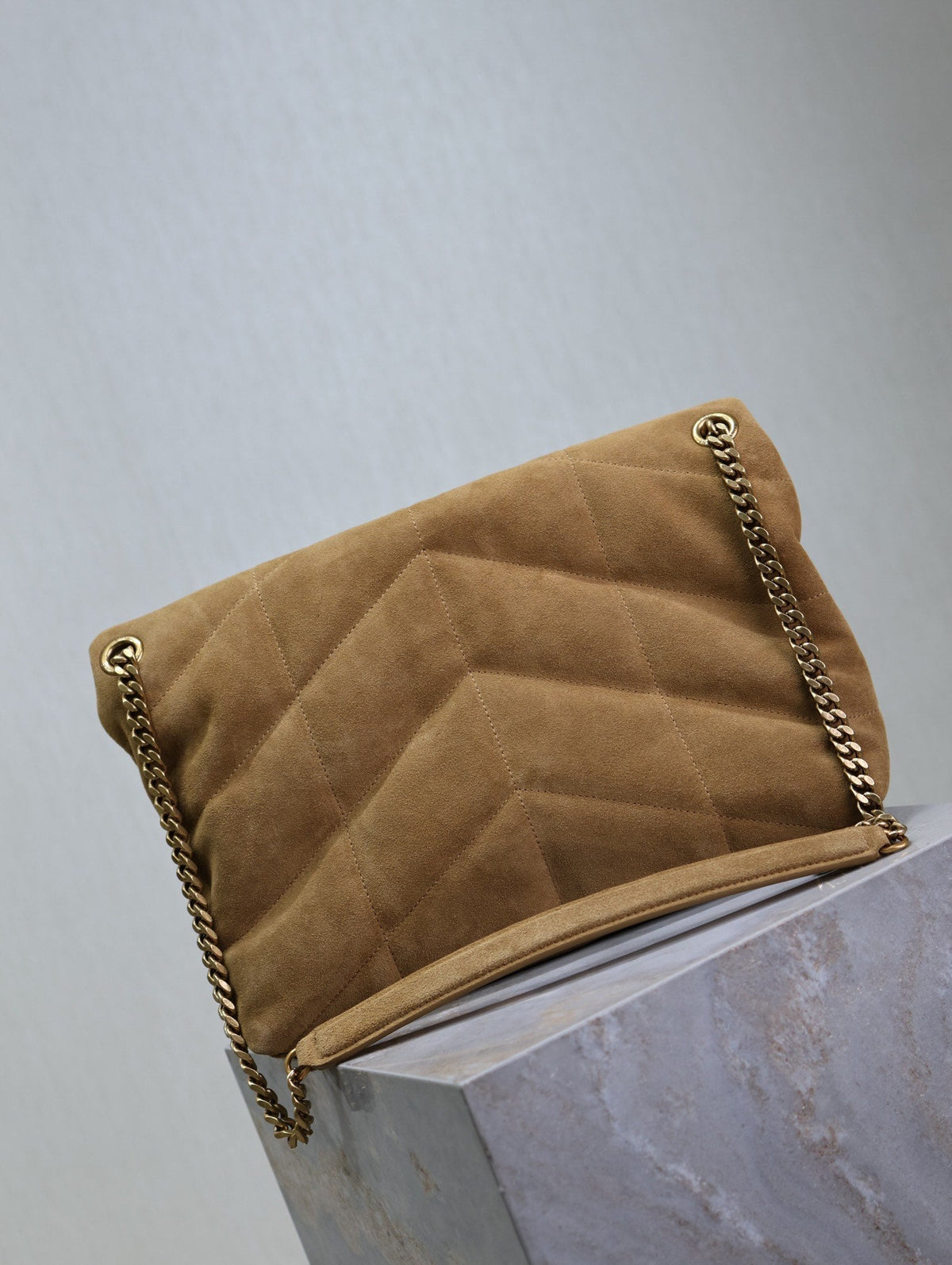 Saint Laurent 25S Loulou Puffer GM 35 in Tan Brown Suede Gold Hardwre Bag