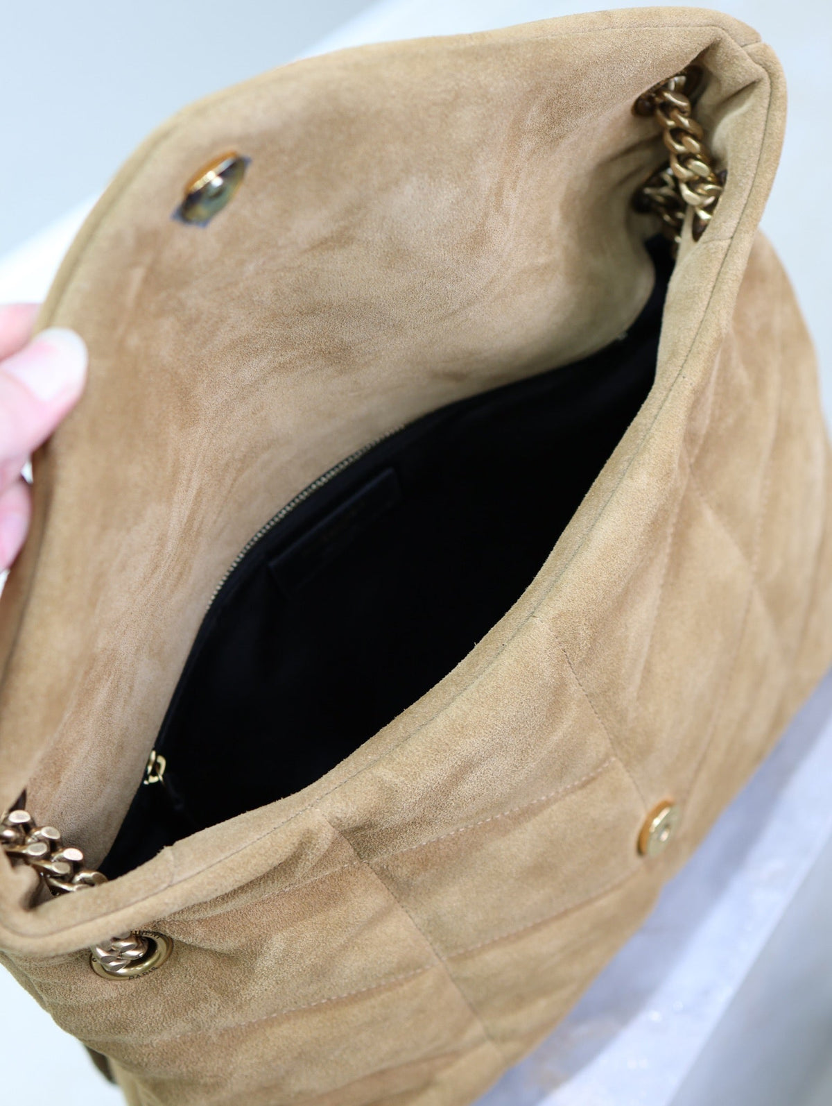 Saint Laurent 25S Loulou Puffer GM 35 in Tan Brown Suede Gold Hardwre Bag
