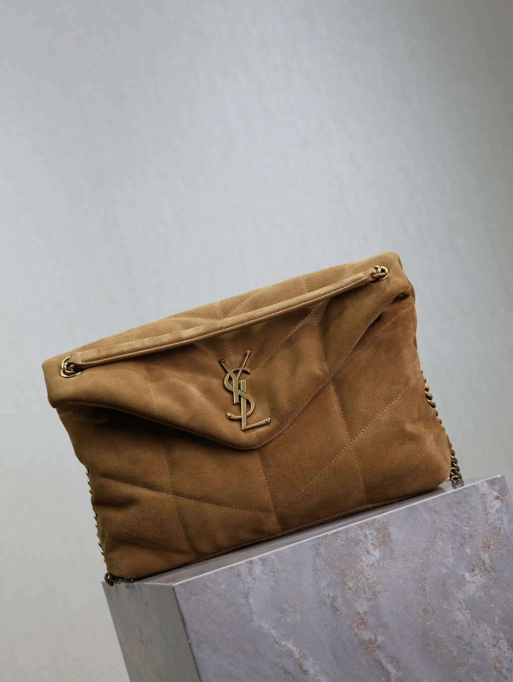 Saint Laurent 25S Loulou Puffer GM 35 in Tan Brown Suede Gold Hardwre Bag