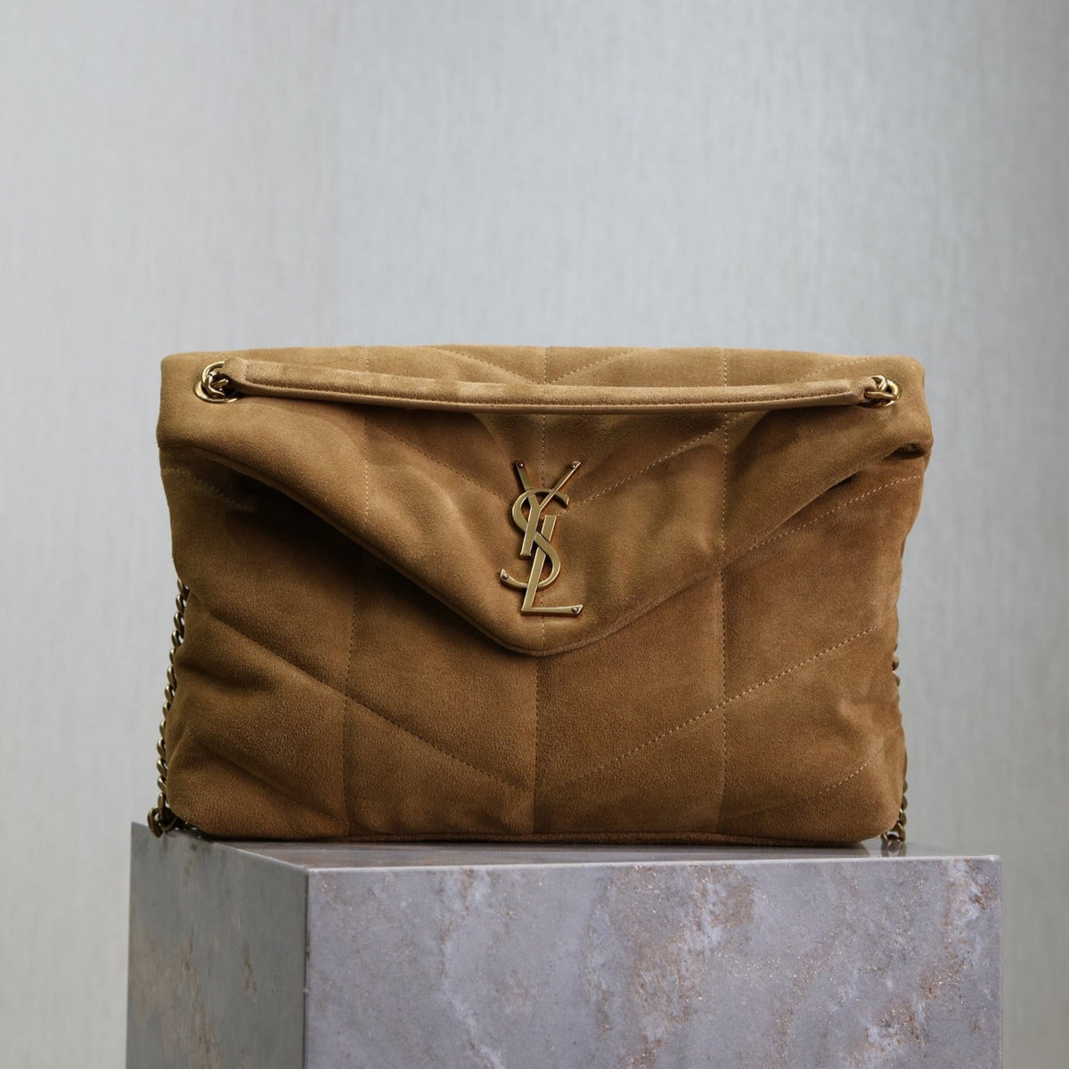 Saint Laurent 25S Loulou Puffer GM 35 in Tan Brown Suede Gold Hardwre Bag