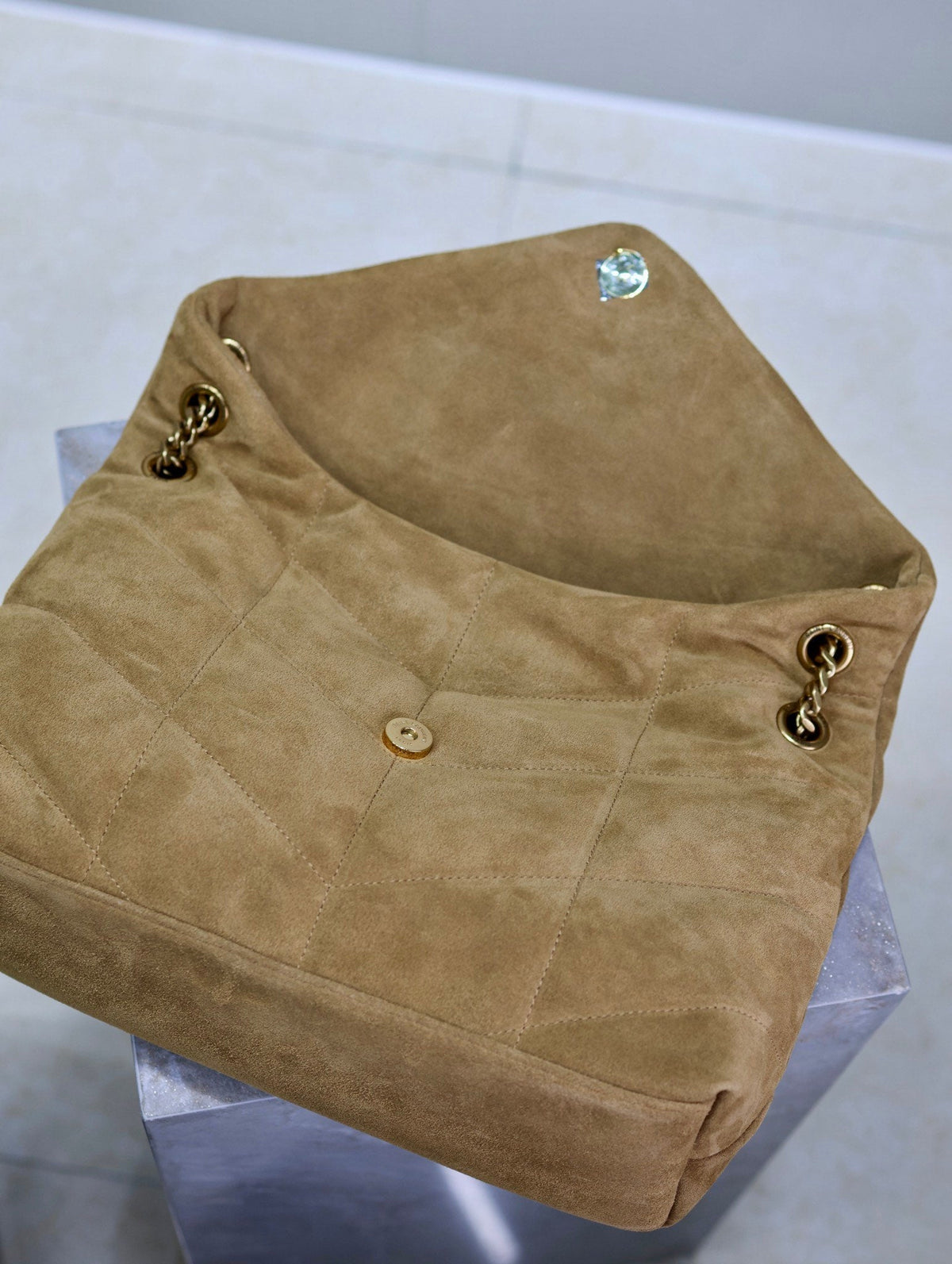 Saint Laurent 25S Loulou Puffer GM 35 in Tan Brown Suede Gold Hardwre Bag
