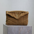 Saint Laurent 25S Loulou Puffer MM 29 in Tan Brown Suede Gold Hardwre Bag