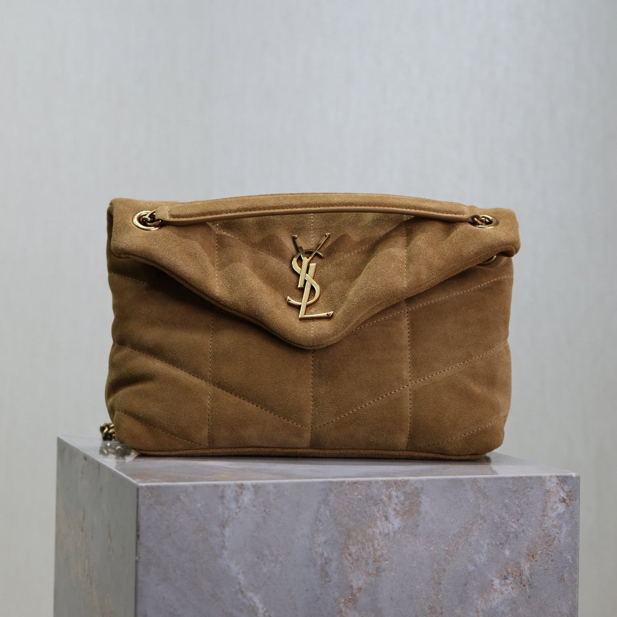Saint Laurent 25S Loulou Puffer MM 29 in Tan Brown Suede Gold Hardwre Bag
