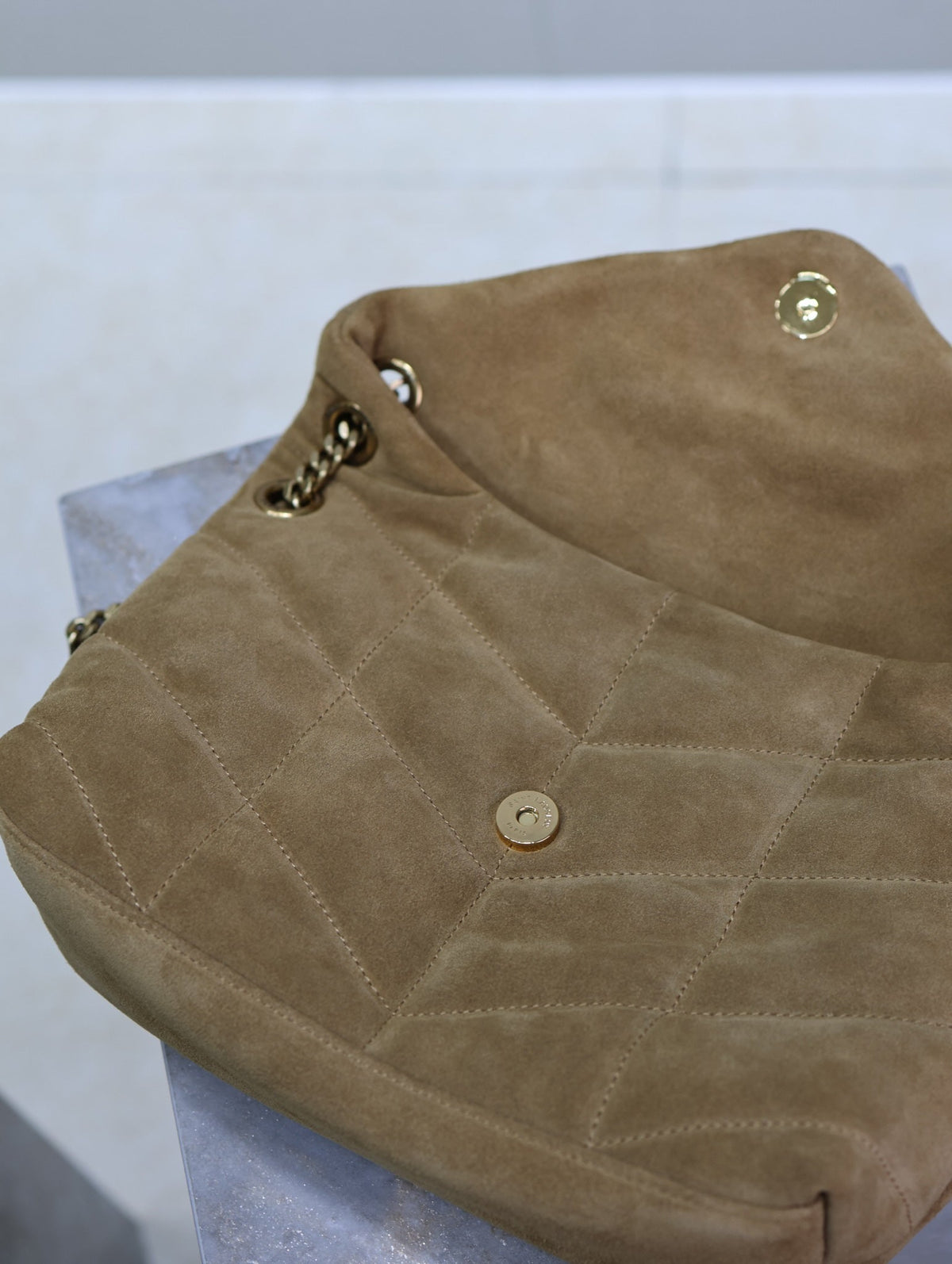 Saint Laurent 25S Loulou Puffer MM 29 in Tan Brown Suede Gold Hardwre Bag