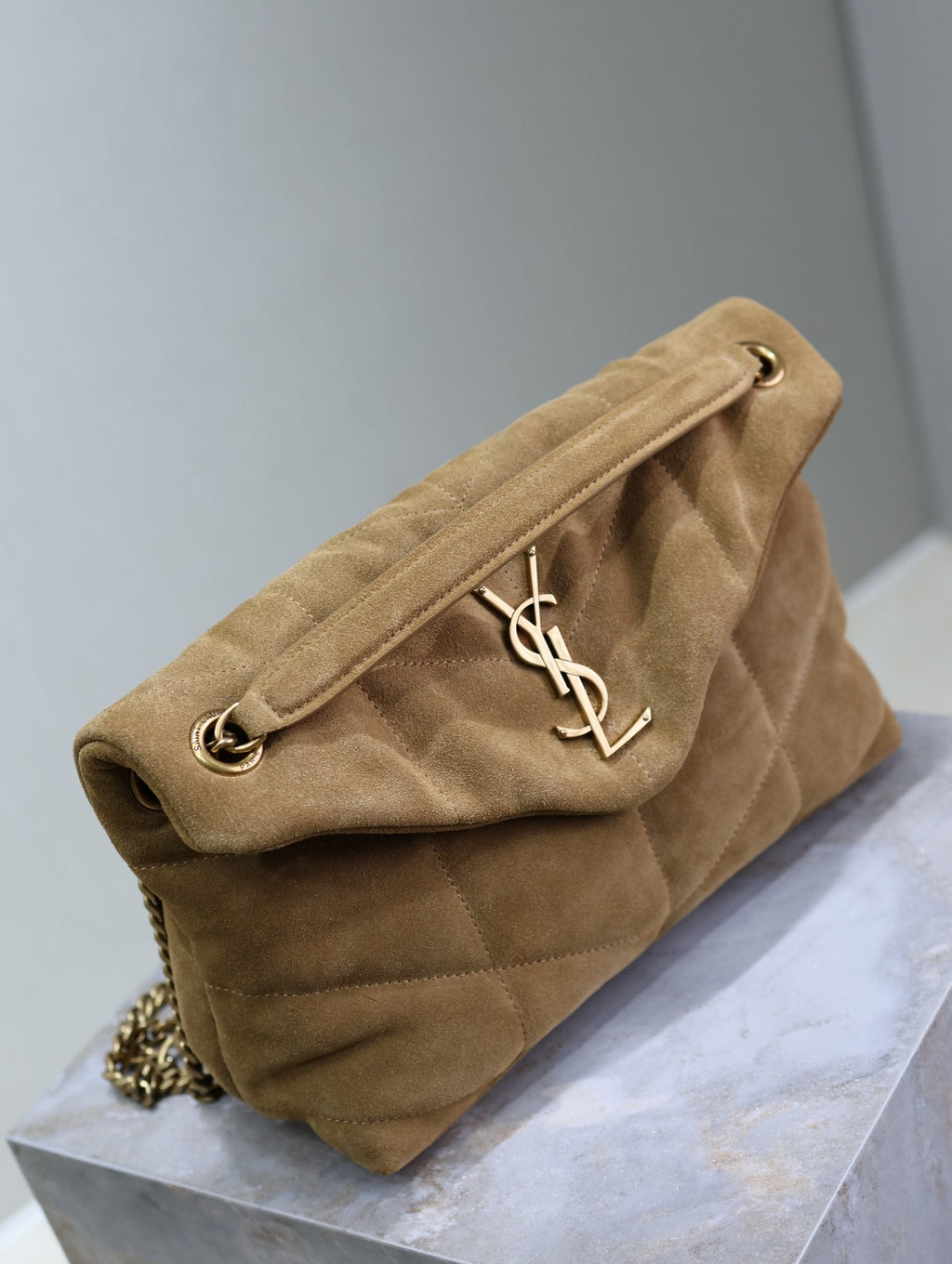 Saint Laurent 25S Loulou Puffer MM 29 in Tan Brown Suede Gold Hardwre Bag