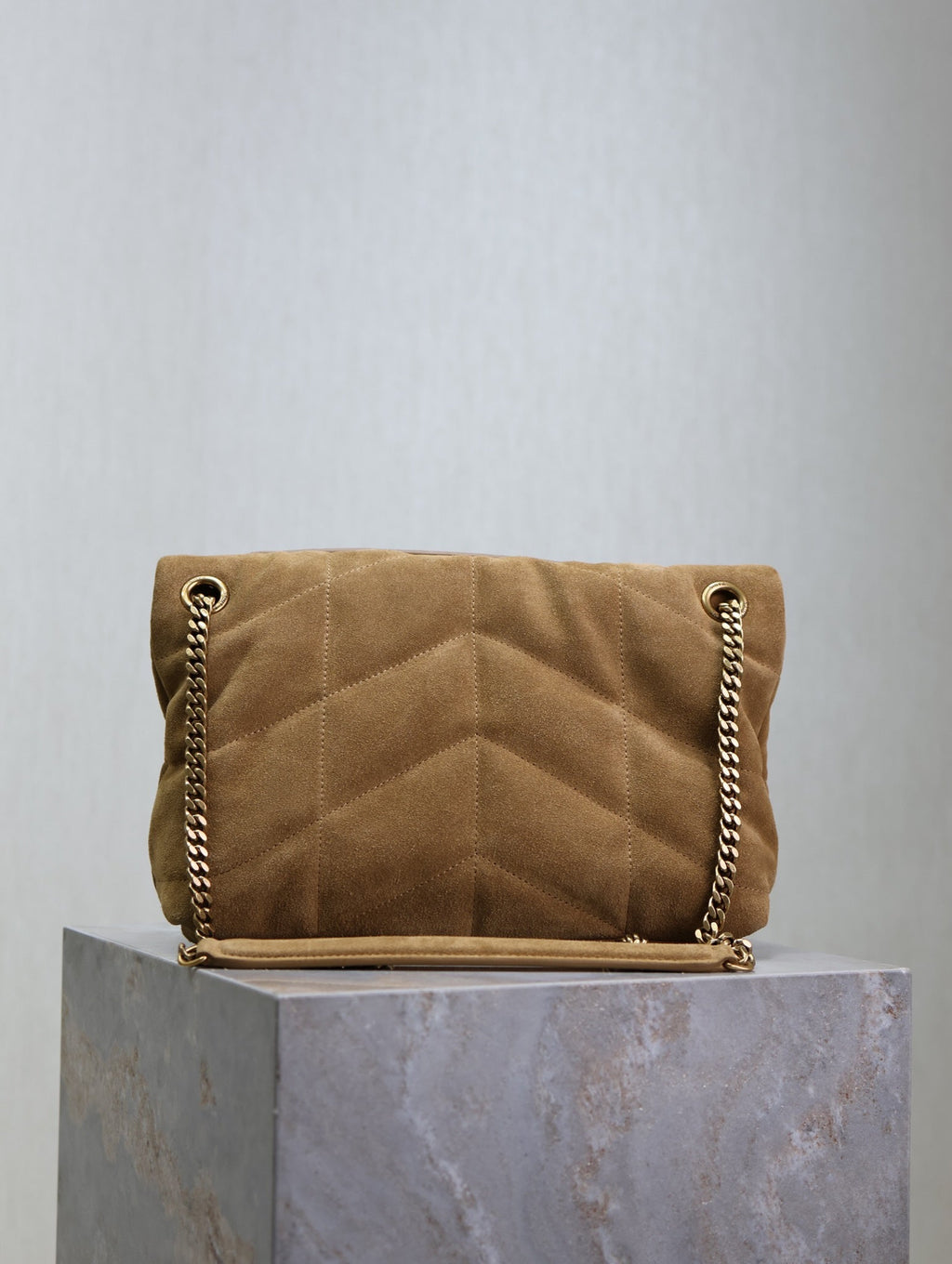 Saint Laurent 25S Loulou Puffer MM 29 in Tan Brown Suede Gold Hardwre Bag