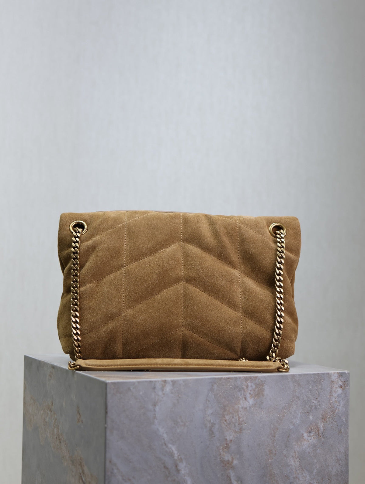 Saint Laurent 25S Loulou Puffer MM 29 in Tan Brown Suede Gold Hardwre Bag