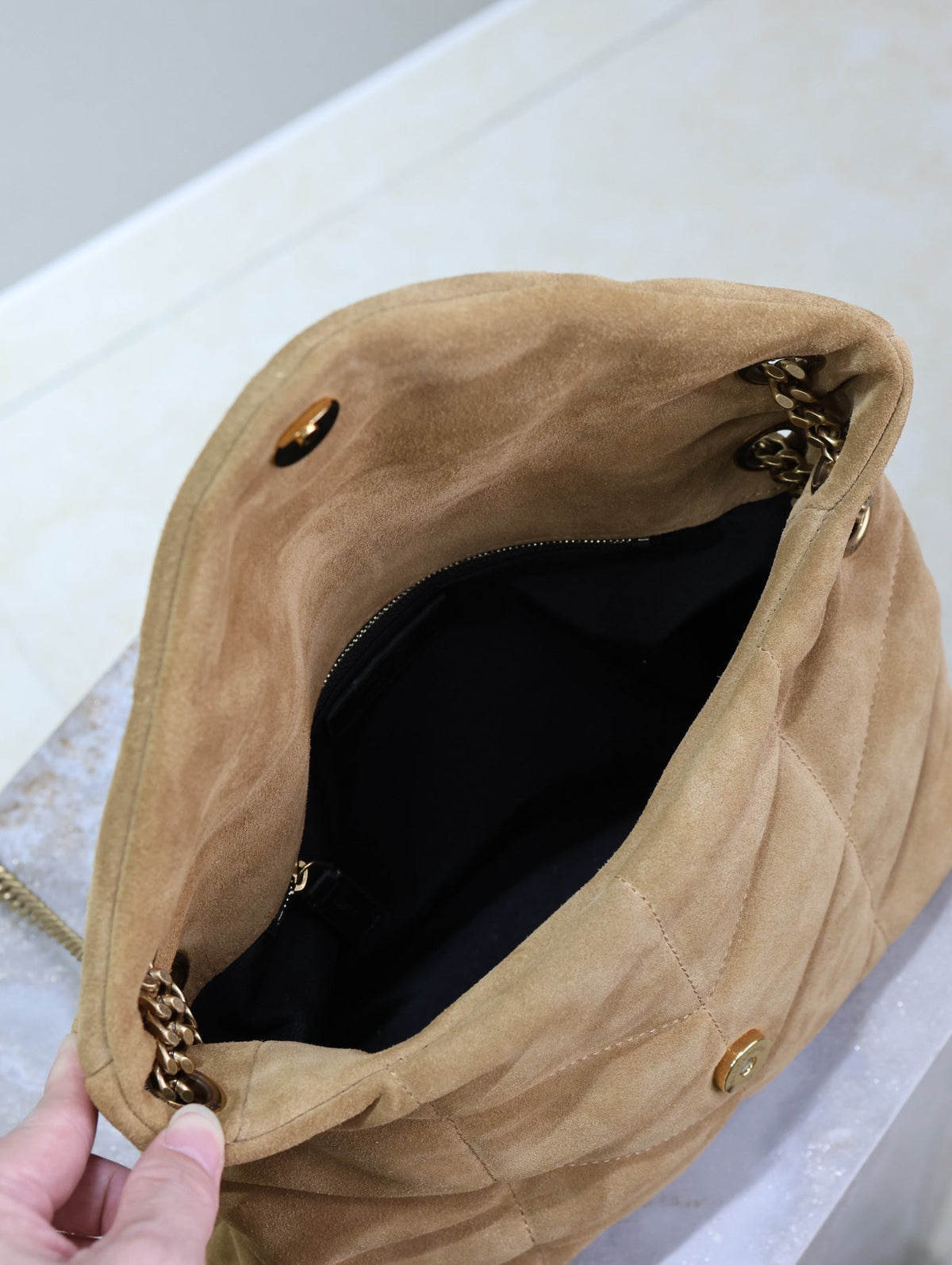 Saint Laurent 25S Loulou Puffer MM 29 in Tan Brown Suede Gold Hardwre Bag