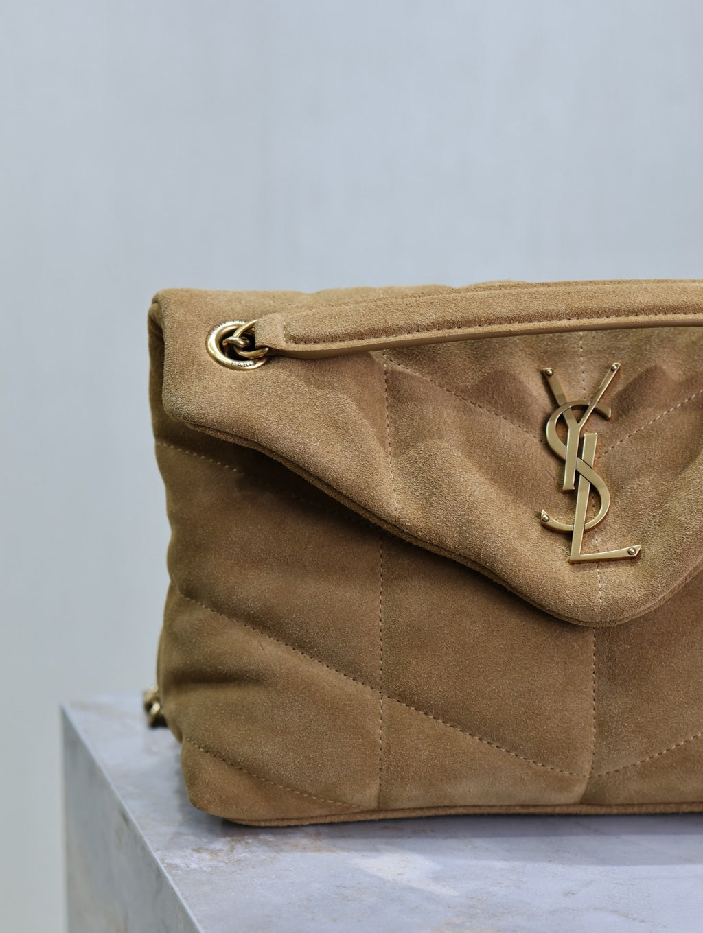 Saint Laurent 25S Loulou Puffer MM 29 in Tan Brown Suede Gold Hardwre Bag