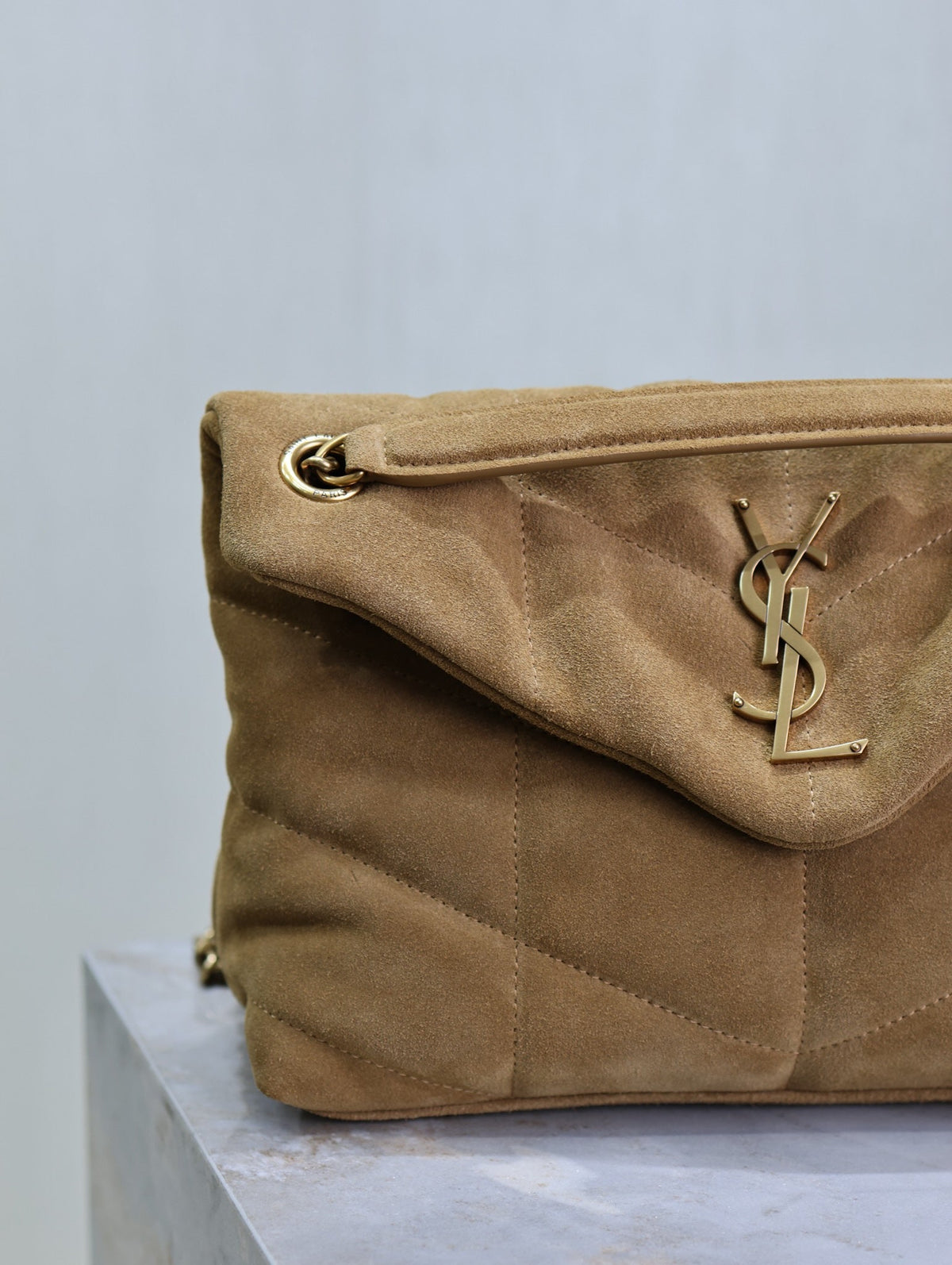 Saint Laurent 25S Loulou Puffer MM 29 in Tan Brown Suede Gold Hardwre Bag