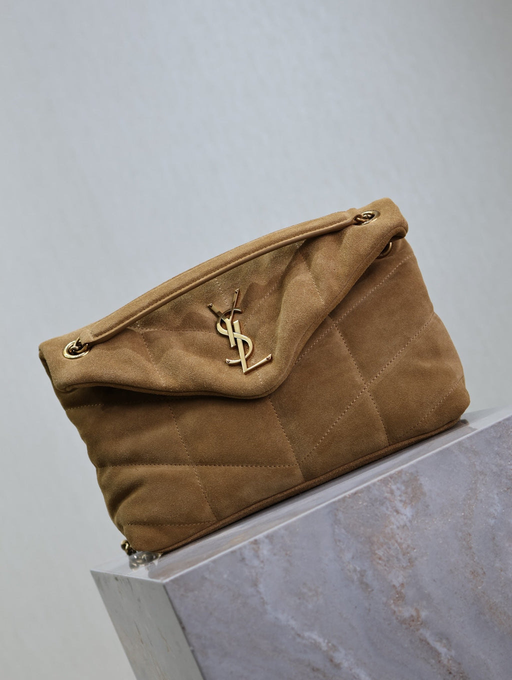 Saint Laurent 25S Loulou Puffer MM 29 in Tan Brown Suede Gold Hardwre Bag