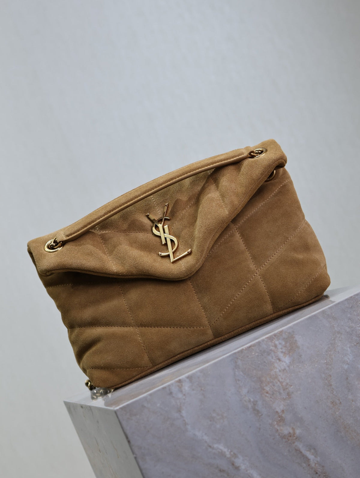 Saint Laurent 25S Loulou Puffer MM 29 in Tan Brown Suede Gold Hardwre Bag