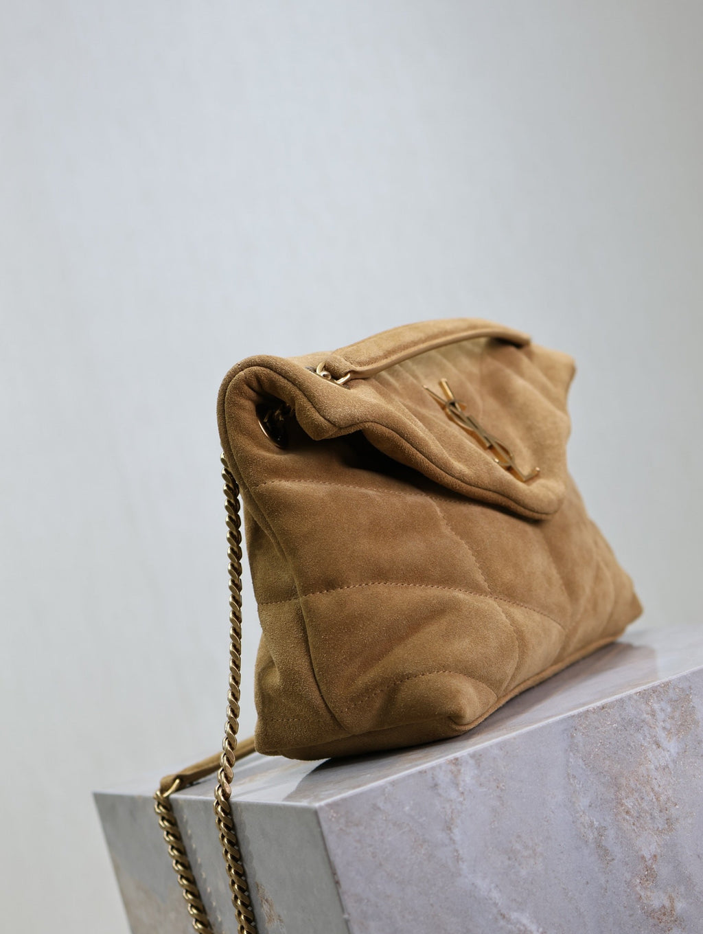 Saint Laurent 25S Loulou Puffer MM 29 in Tan Brown Suede Gold Hardwre Bag