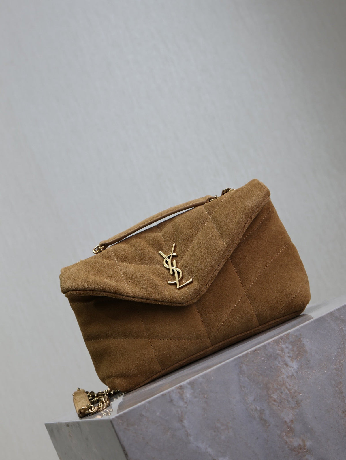 Saint Laurent 25S Loulou Puffer Mini 23 in Tan Brown Suede Gold Hardwre Bag