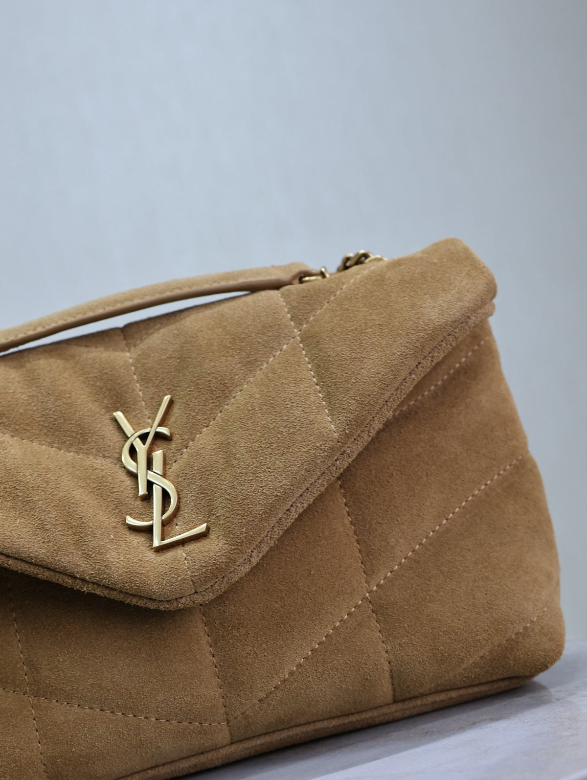 Saint Laurent 25S Loulou Puffer Mini 23 in Tan Brown Suede Gold Hardwre Bag