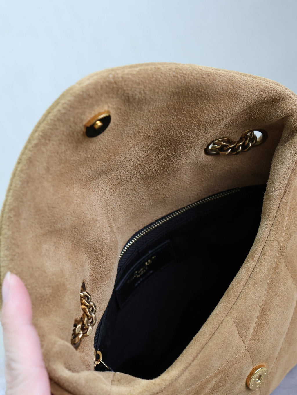 Saint Laurent 25S Loulou Puffer Mini 23 in Tan Brown Suede Gold Hardwre Bag