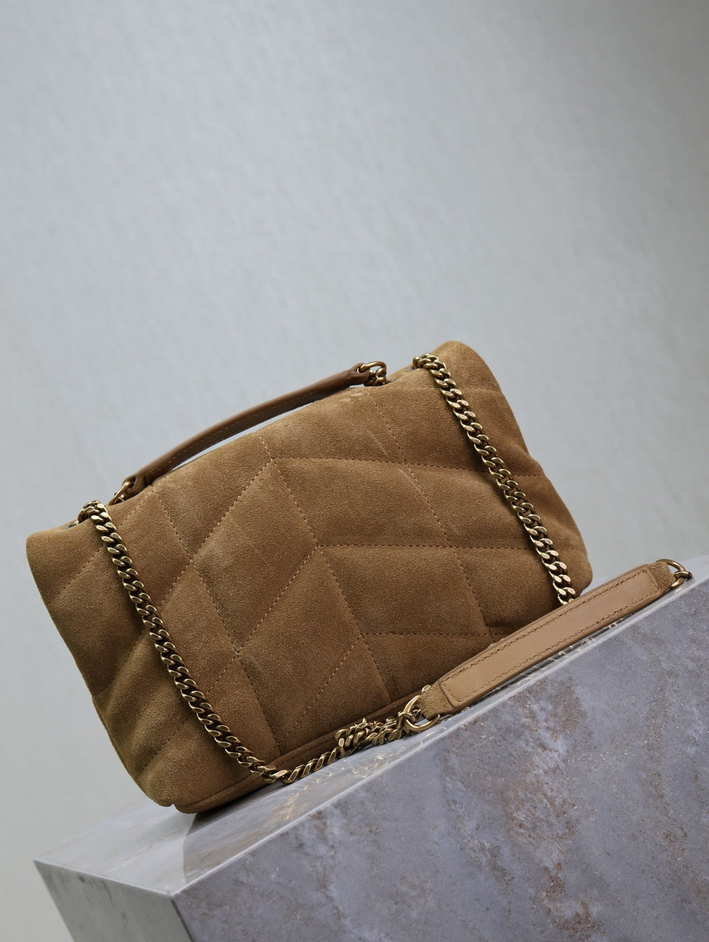 Saint Laurent 25S Loulou Puffer Mini 23 in Tan Brown Suede Gold Hardwre Bag