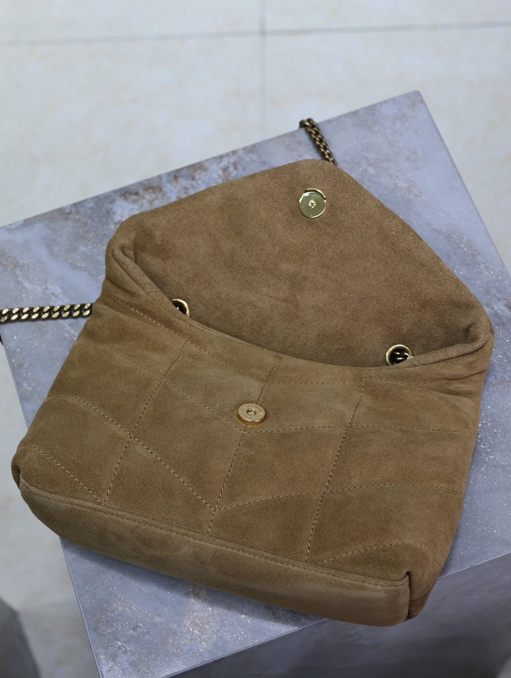 Saint Laurent 25S Loulou Puffer Mini 23 in Tan Brown Suede Gold Hardwre Bag