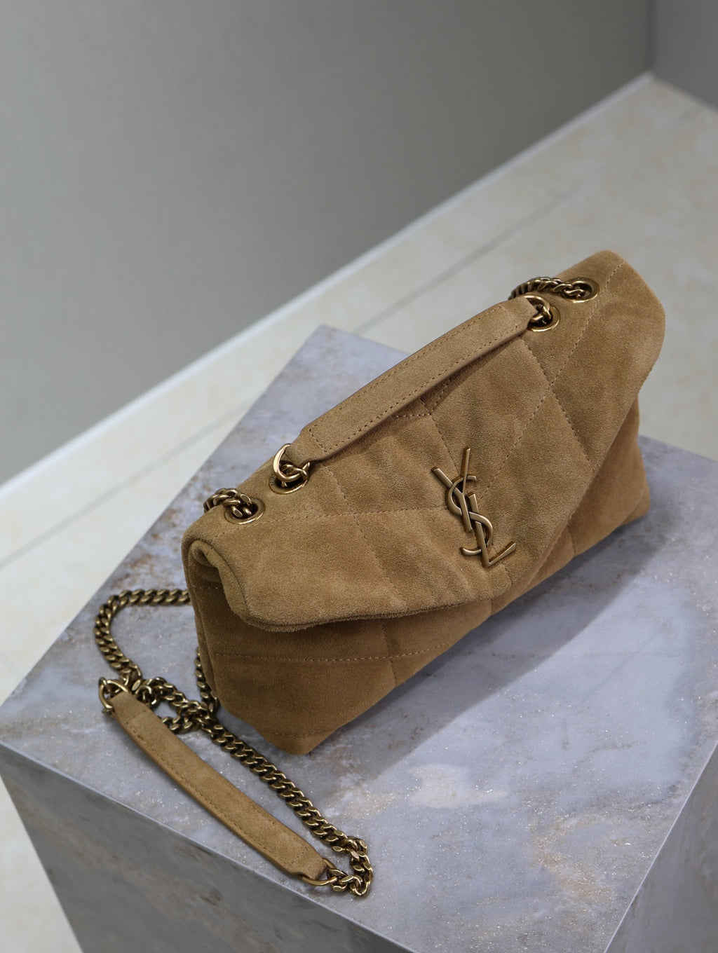 Saint Laurent 25S Loulou Puffer Mini 23 in Tan Brown Suede Gold Hardwre Bag