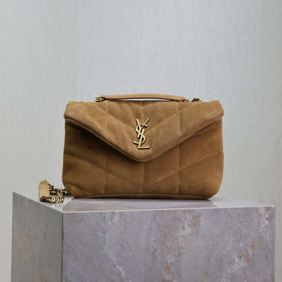 Saint Laurent 25S Loulou Puffer Mini 23 in Tan Brown Suede Gold Hardwre Bag