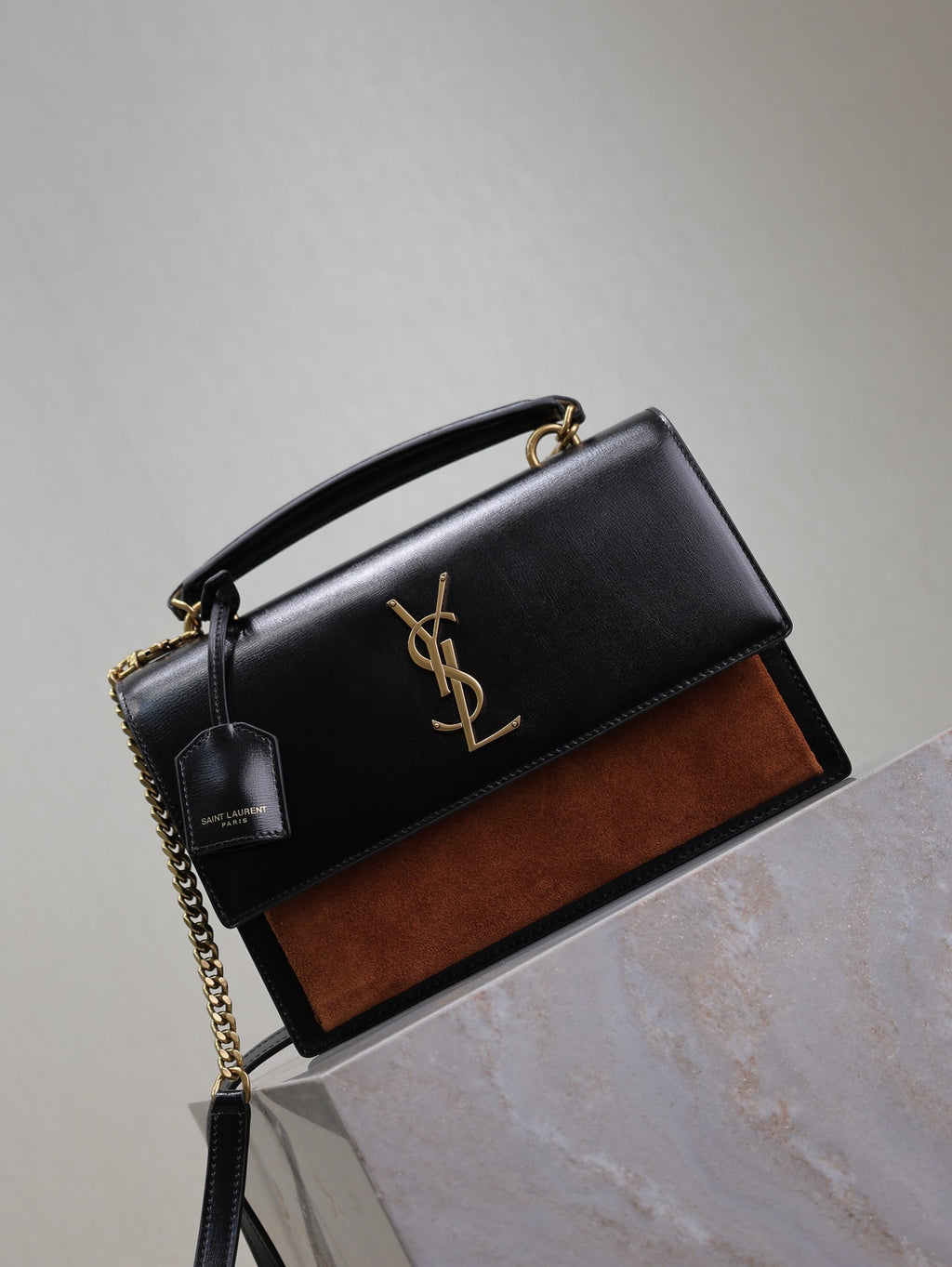 Saint Laurent 25S Sunset MM 25 in Black Calfskin and Caramel Suede Gold Hardwre Bag