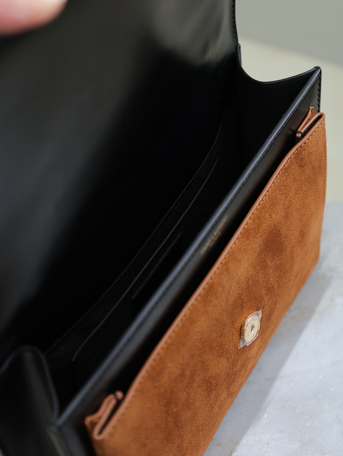 Saint Laurent 25S Sunset MM 25 in Black Calfskin and Caramel Suede Gold Hardwre Bag