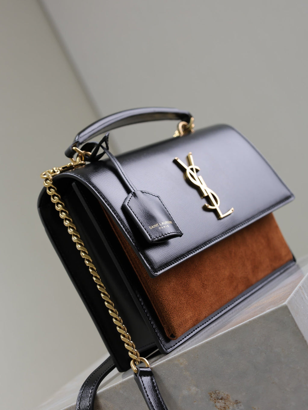 Saint Laurent 25S Sunset MM 25 in Black Calfskin and Caramel Suede Gold Hardwre Bag