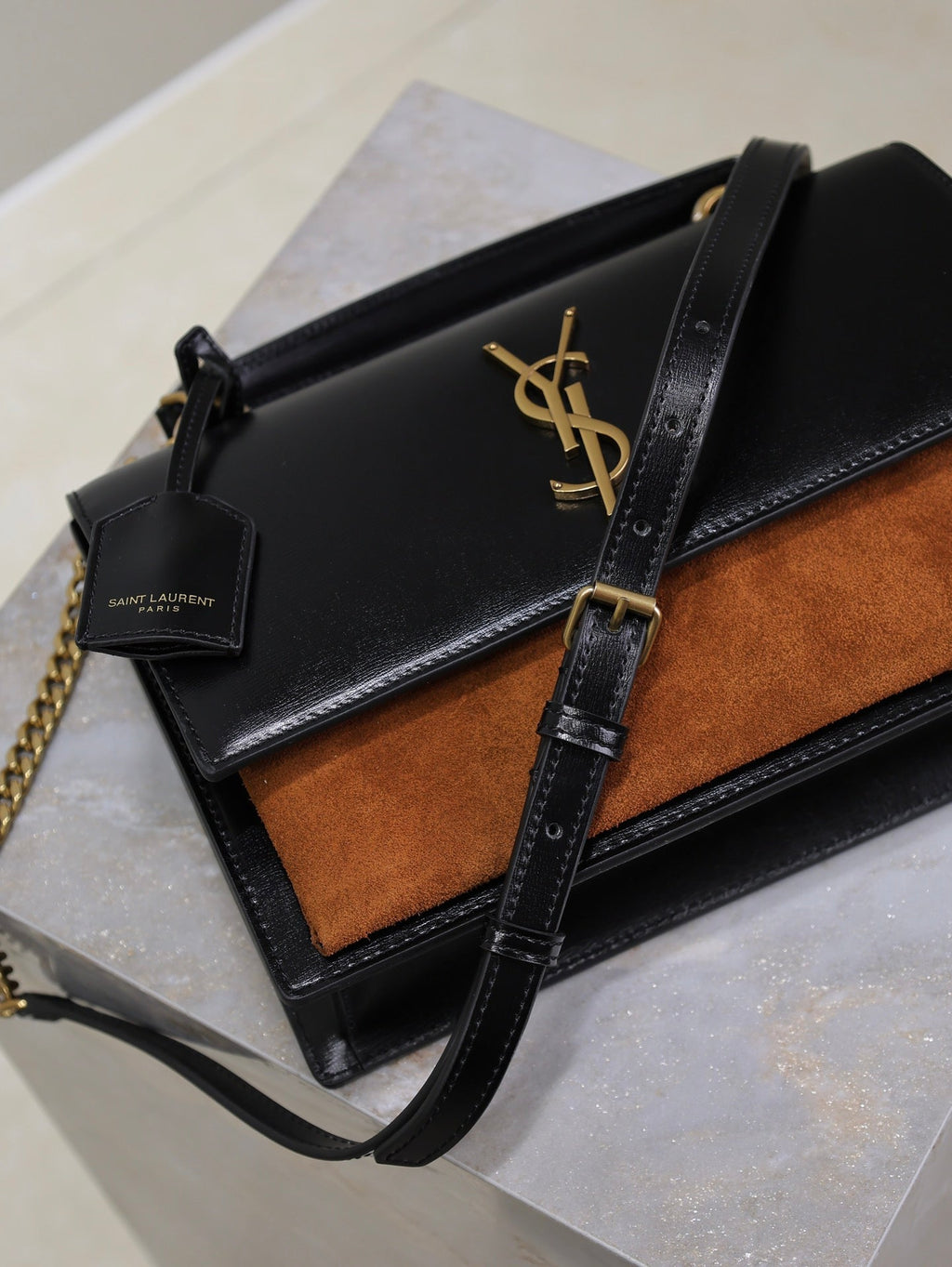 Saint Laurent 25S Sunset MM 25 in Black Calfskin and Caramel Suede Gold Hardwre Bag