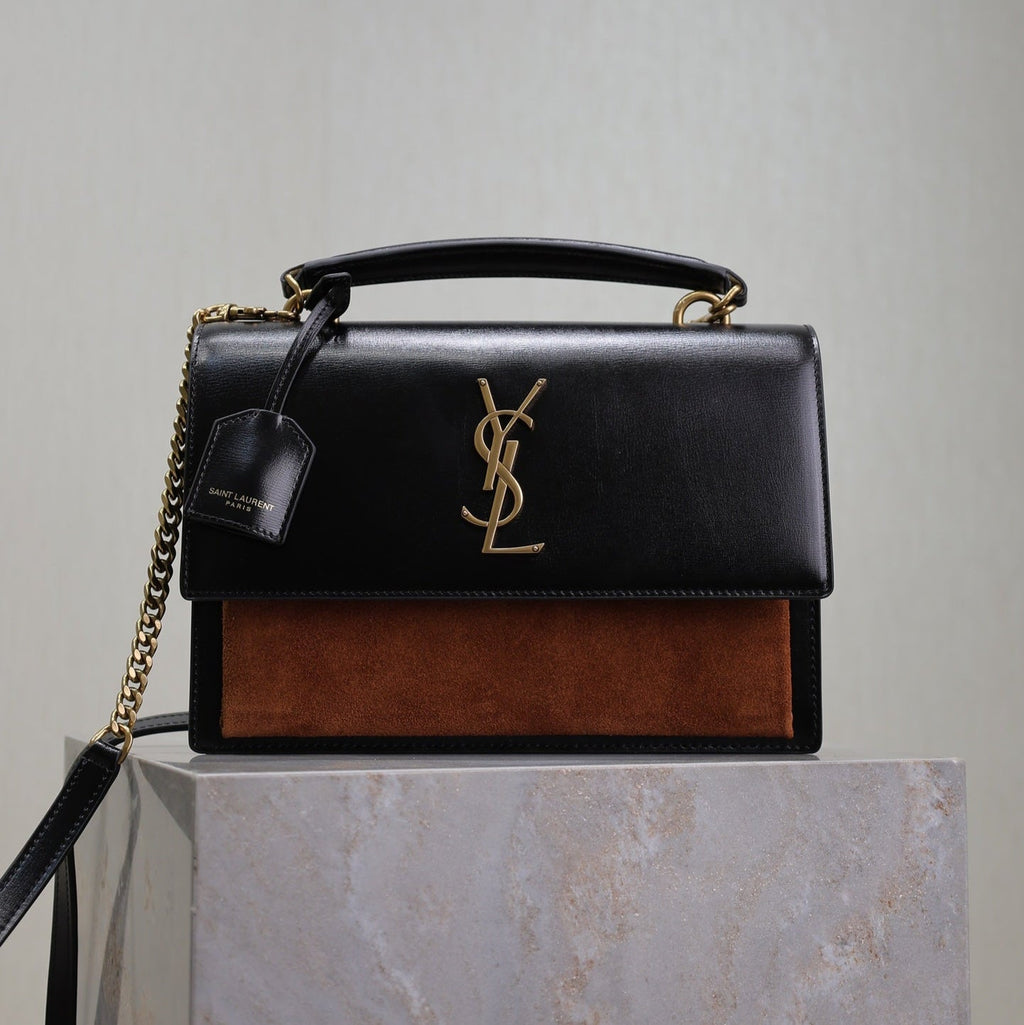 Saint Laurent 25S Sunset MM 25 in Black Calfskin and Caramel Suede Gold Hardwre Bag